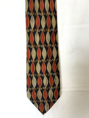 Men's Patterned Silk Tie in Black, Red, and Gray-Green